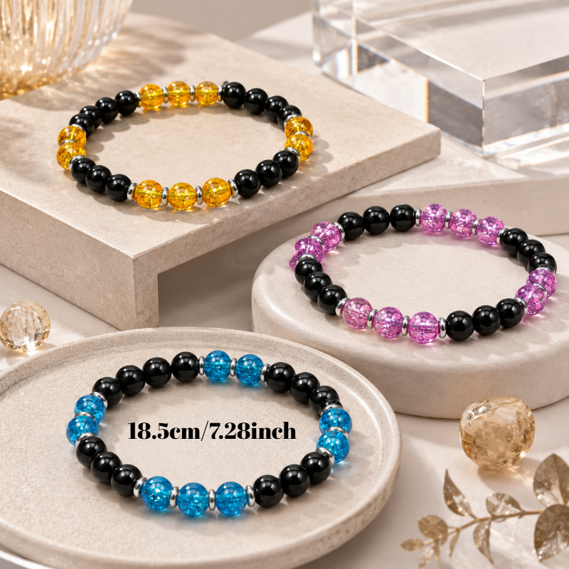 3pc Colored Exploding Bead Elastic Bracelet Set, Unisex Casual